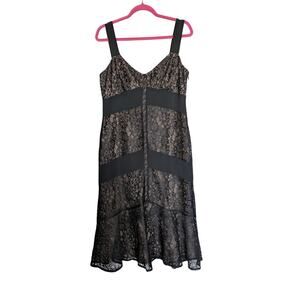 VTG Ann Taylor LOFT Lace Overlay Lined Sheath Dress 12 Black-Nude Ruffle Goth